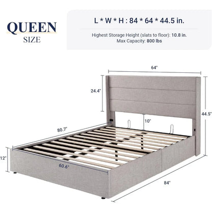 Cama Queen Size elevable con espacio de almacenaje, cabecero moderno con respaldo alto, no necesita somier, espacio de almacenaje hidráulico, beige claro