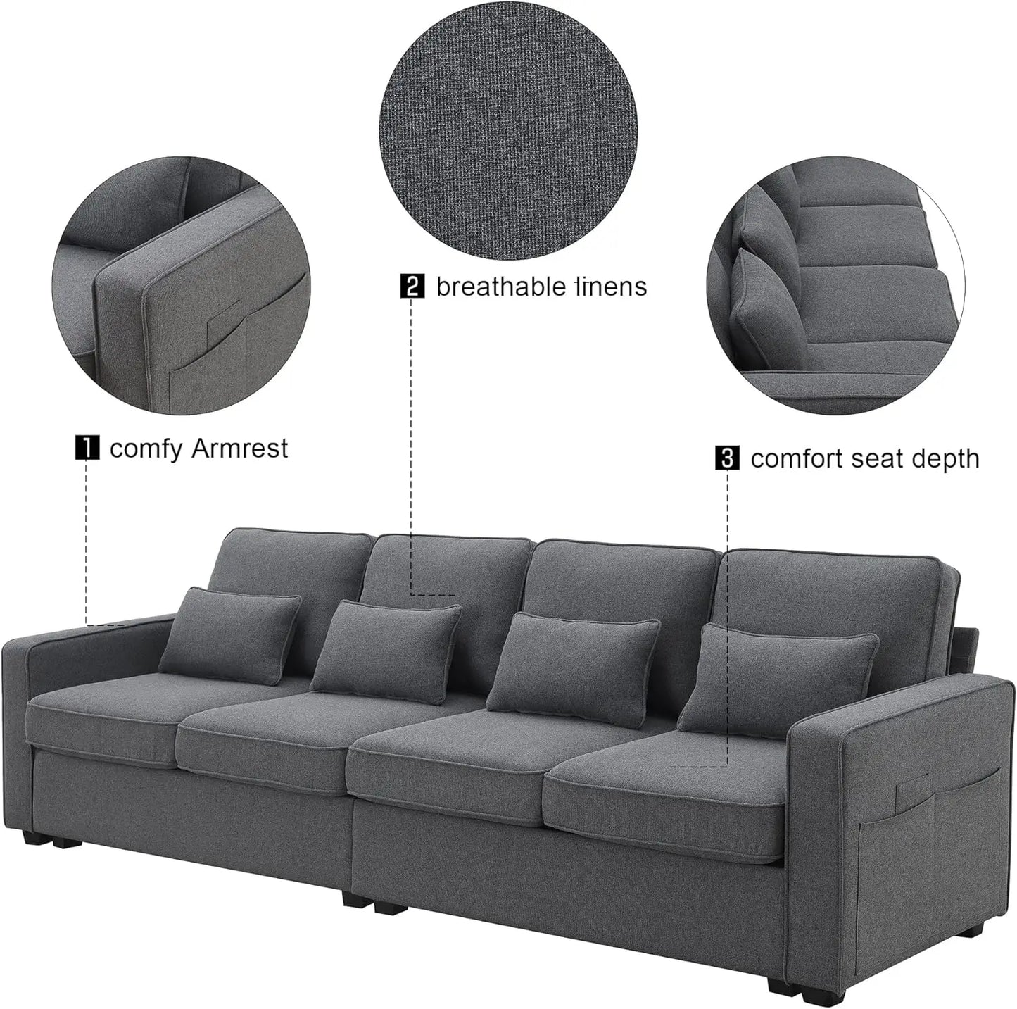 104" Linen Fabric Sofa with Armrest Pockets and 4 Pillows, Minimalist Style 4-Seater Couch for Living Room, Apartment, Gray