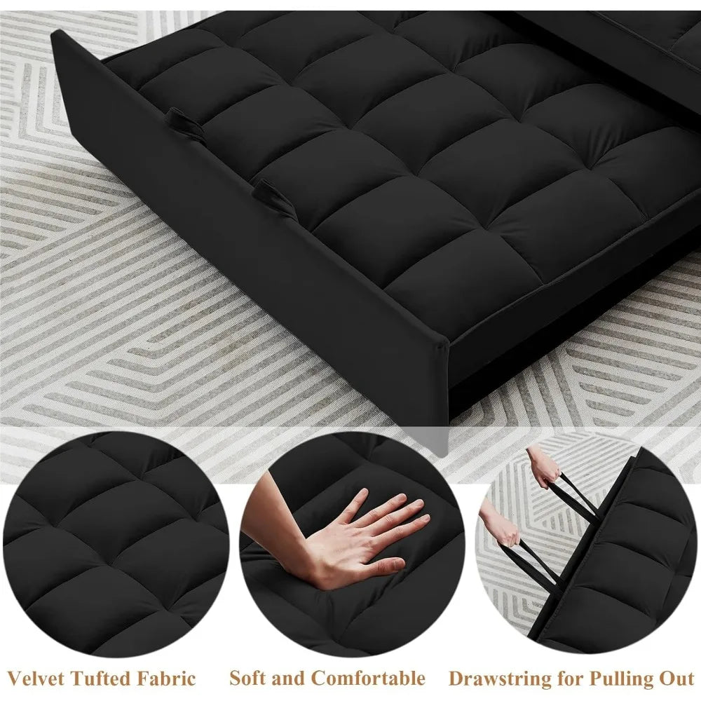 Convertible Sleeper Sofa Bed, Velvet Tufted Loveseat Couch with Pull Out Bed with 2 Pillows, Living Room Sofa