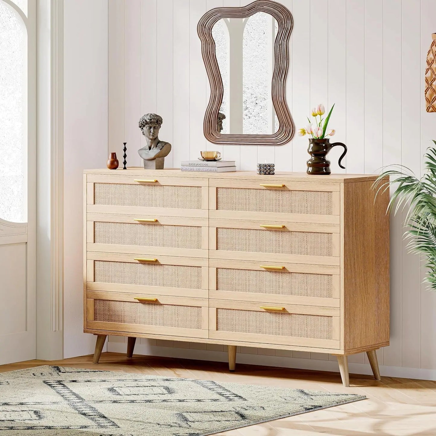 6/8 Drawer Double Dresser for Bedroom, Rattan Chest of Dressers, Modern Wooden Dresser Chest with Golden Handles