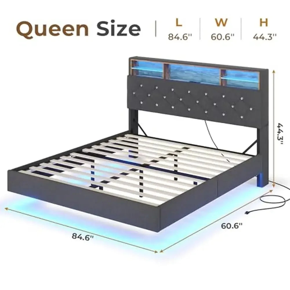 Marco de cama flotante Queen con cabecera de almacenamiento, luces LED RGB y estación de carga, plataforma de cama tapizada de lino moderna oculta