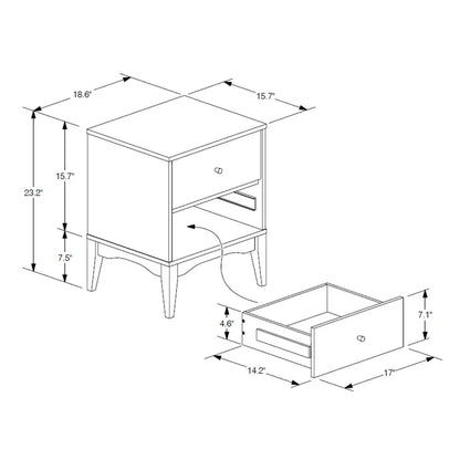 Table de chevet, table de chevet en bois fini frêne et noyer Landis avec 2 tiroirs, table de chevet