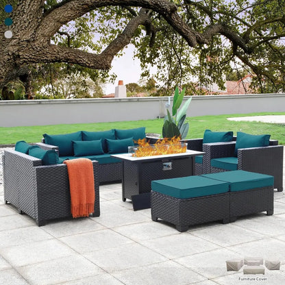 Juego de muebles de jardín de 7 piezas, juego de mesa y patio con fogata para jardín, cojines antideslizantes y fundas impermeables, juego de muebles de jardín