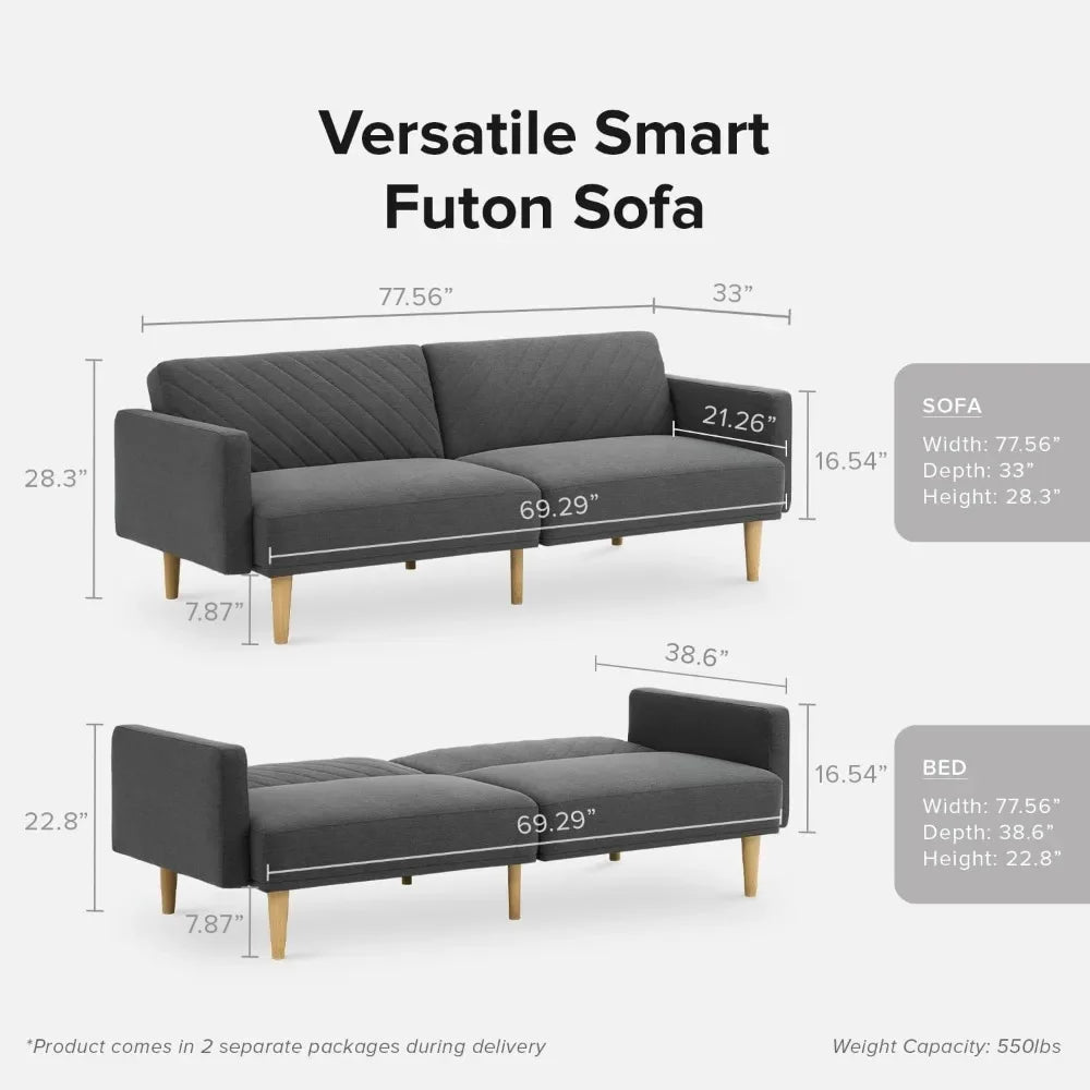 Sofa Bed, Convertible Sleeper Sofa with Tapered Wood Legs, 77.5" W, Small Splitback Sofa for Living Room Dark Gray Fabric, Twin