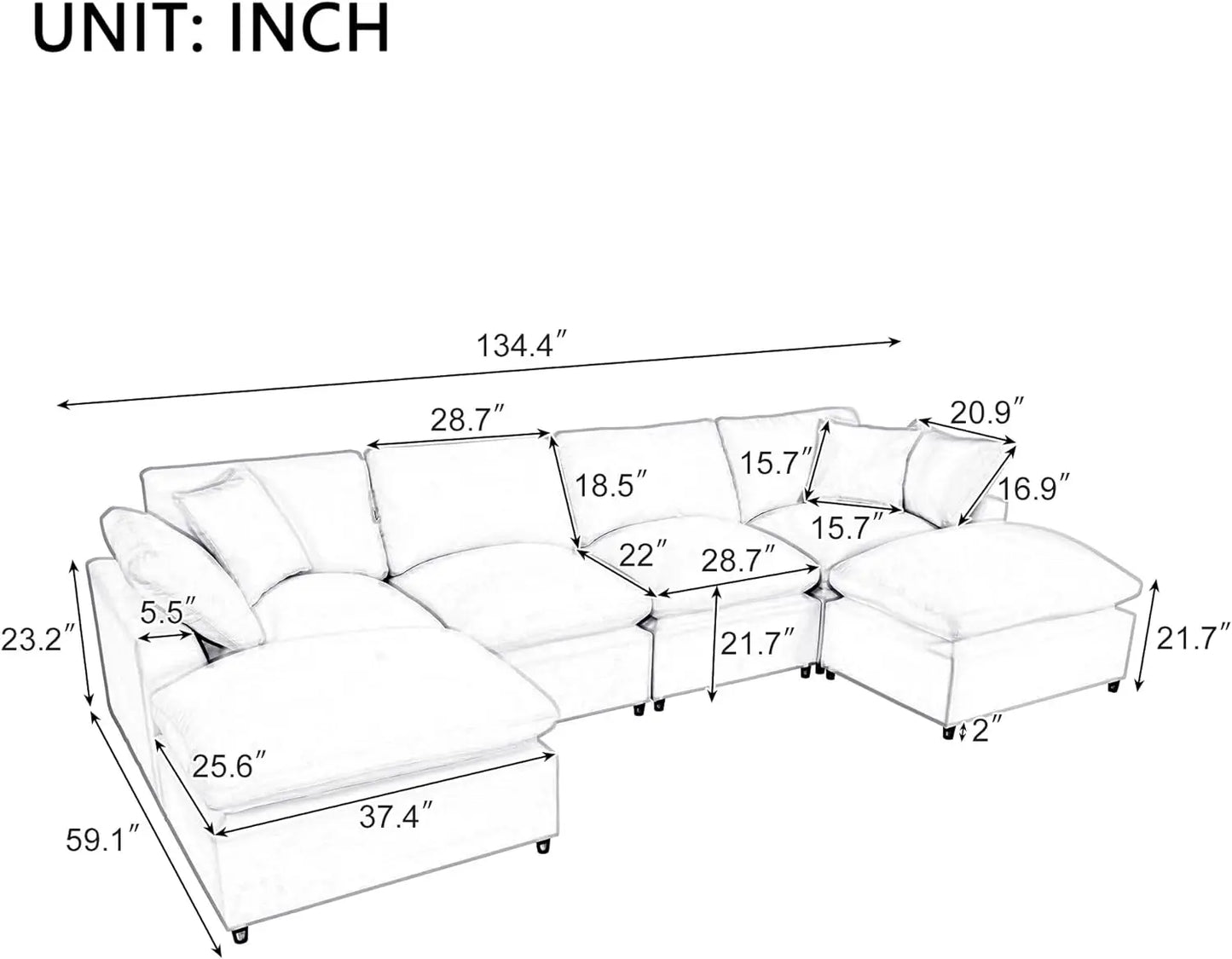 Canapé sectionnel modulaire avec double méridienne, canapé sectionnel à combinaison libre avec poufs amovibles, canapé sectionnel d'angle à 6 places