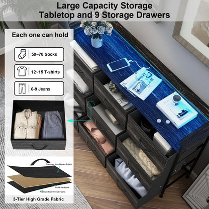 Commode blanche avec éclairage LED pour chambre à coucher Commode à 9 tiroirs avec station de charge Commode à tiroirs Cadre en acier Plateau en bois