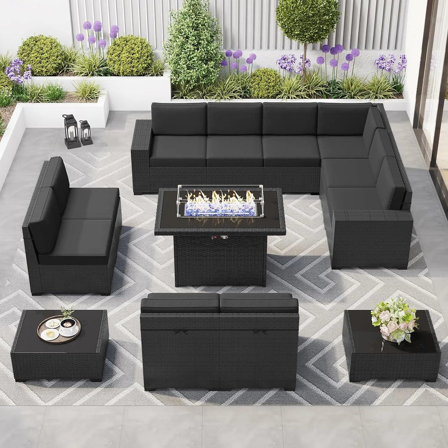 Juego de muebles de patio de 8 piezas con mesa para fogata a gas propano de 44", juego de sofá de mimbre y ratán y mesa de centro Rattan Möbel