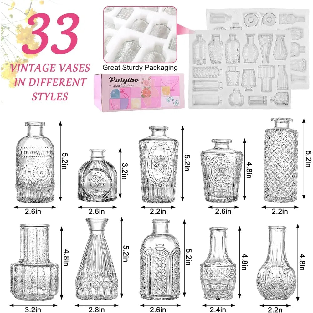 Glass Bud Vase Set of 33 Pcs, Small Vases for Rustic Wedding Centerpieces, Mini Vases Bulk Home Table Flower Decor, Clear Vases