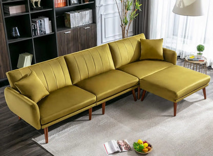 Velvet Sofa Couch for Living Room with Chaise, Modern Convertible L-Shaped Couch Sofa Bed with Adjustable Backrest