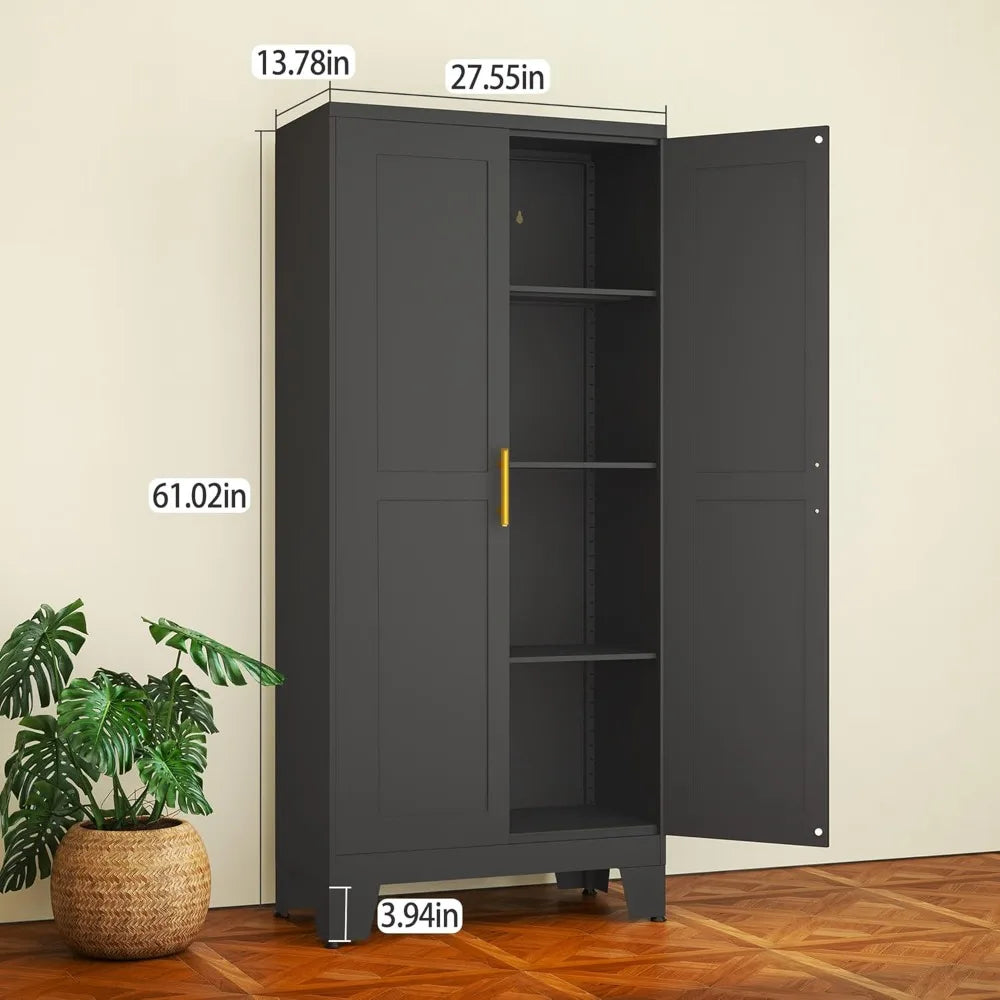 Black Metal Storage Cabinet, 61" Steel File Cabinet for Home Office, Kitchen Pantry Storage Cabinet with Doors