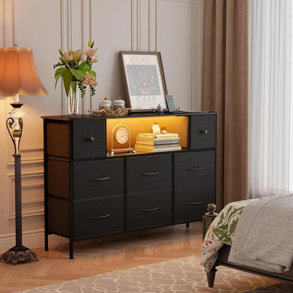 Dresser for Bedroom with Power Outlets and LED Lights, Black 55" TV Stand with 8 Drawers, Fabric Chest