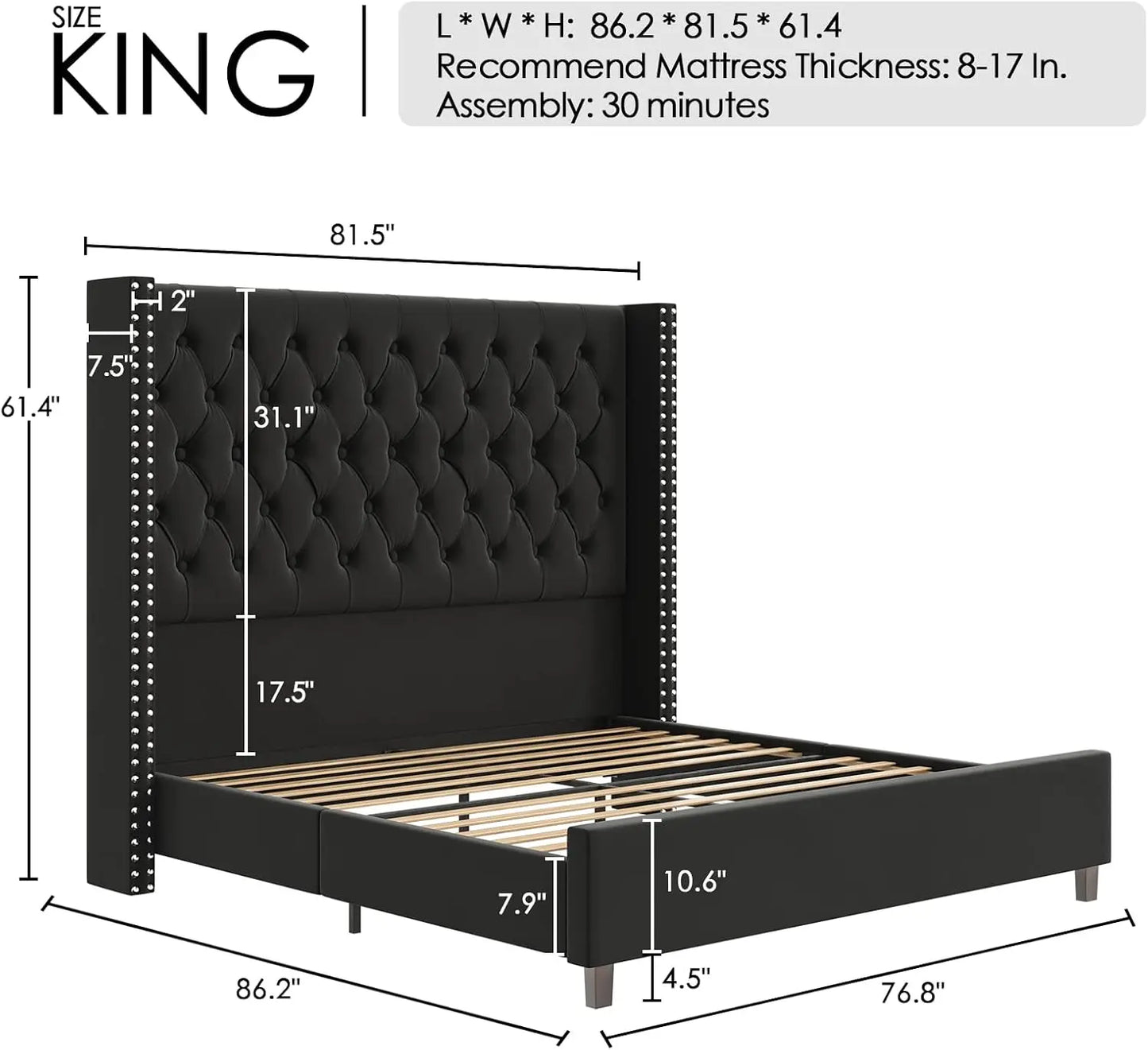 Queen Bed Frame 61.4" Tall Headboard Upholstered Velvet Platform Bed with Handmade Deep Button Tufted