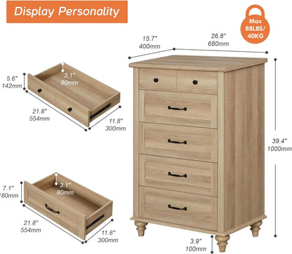 Oak Dresser for Bedroom with 5 Drawers, Tall Kids Dressers with Wide Chest of Drawers, Wooden Closet Storage Organizer