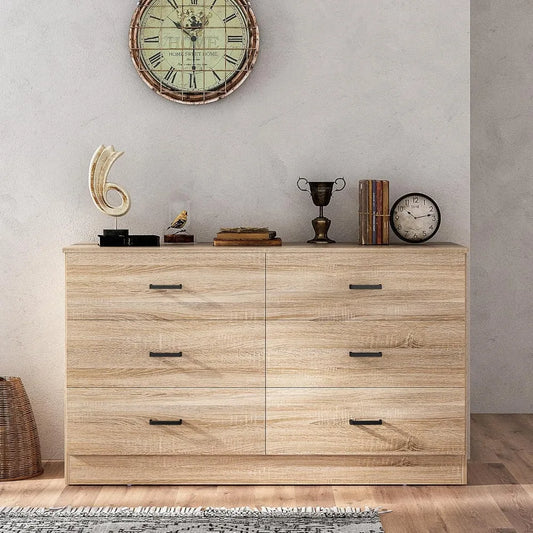 Commode en bois pour chambre à coucher, commode double à 6 tiroirs avec poignées en métal, 15,8 po P x 47,2 po L x 27,7 po H, chêne clair