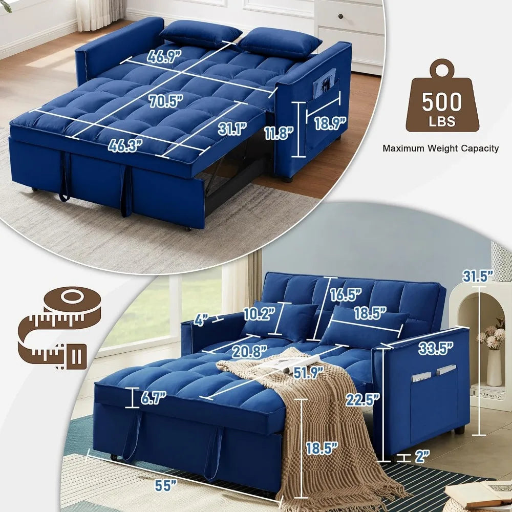 Sofá cama convertible 3 en 1 multifuncional de terciopelo extraíble, sofá de dos plazas de 55'' con respaldo ajustable y almohadas, sofá azul