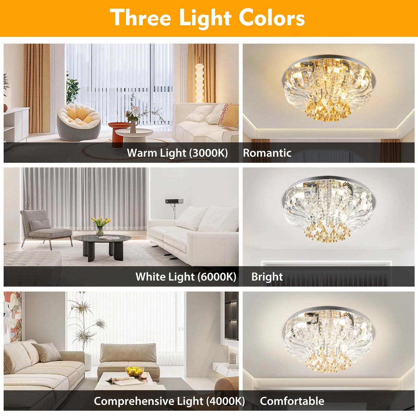 60*30cm Crystal Ceiling Lamp K9 Modern Crystal Chandelier 85V-265V with Light Remote Control Three Light Colors for Dining Room