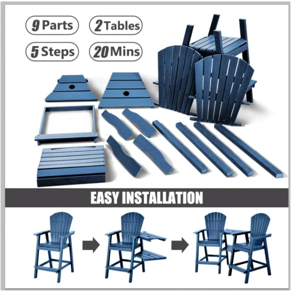 Tall Chairs Set of 2，Recycled Poly Balcony Chair with Double Connecting Tray Patio Stools Weather Resistant, Outdoor chair