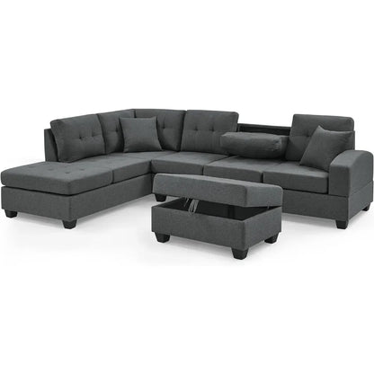 Living Room Sofa Set , L Shape Modular Storage Ottoman & Chaise, Comfy Corner Sofa Cup Holder Living Room Furniture Couch Sets