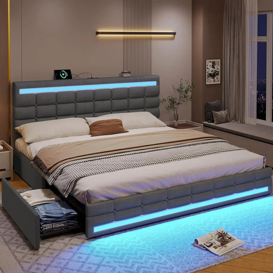 Cama de plataforma tapizada en cuero con estación de carga y luces LED, diseño capitoné con botones cosidos en cuadrados