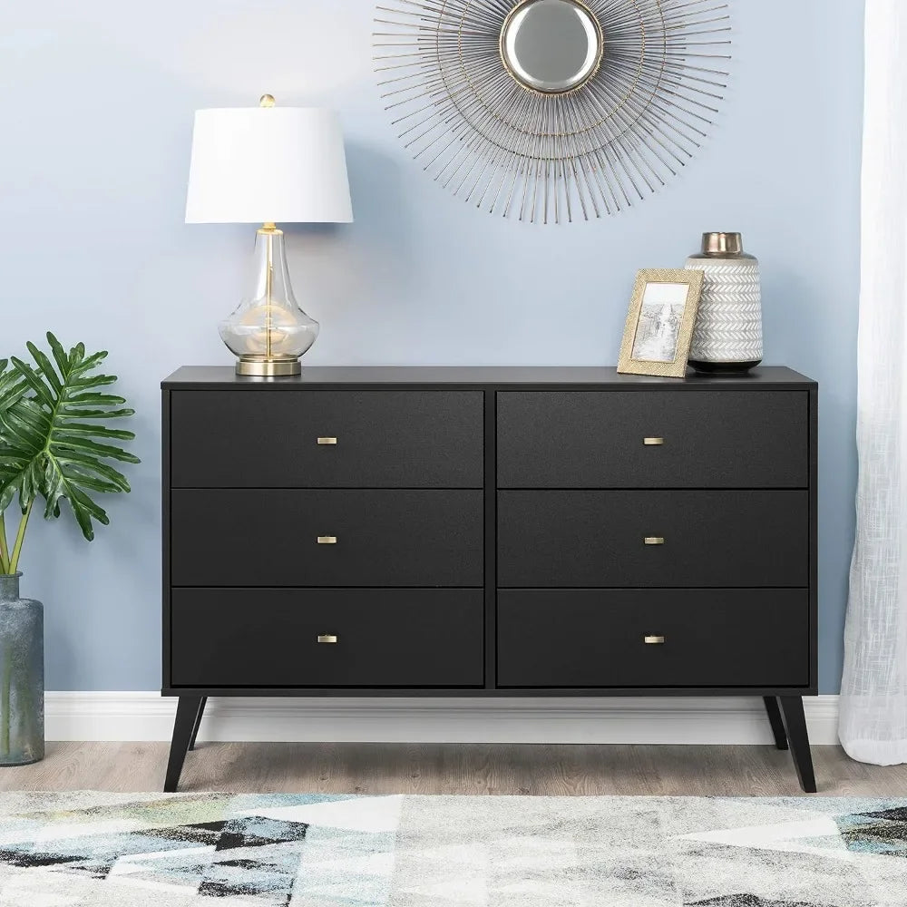 Bedroom Wooden Dresser with 6 Drawers, 16" D X 52.50" W X 33" H, Black