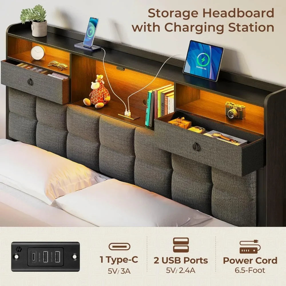 Bed Frame King Size with Drawers and Charging Station, Upholstered Platform Bed with Storage Headboard and LED Light