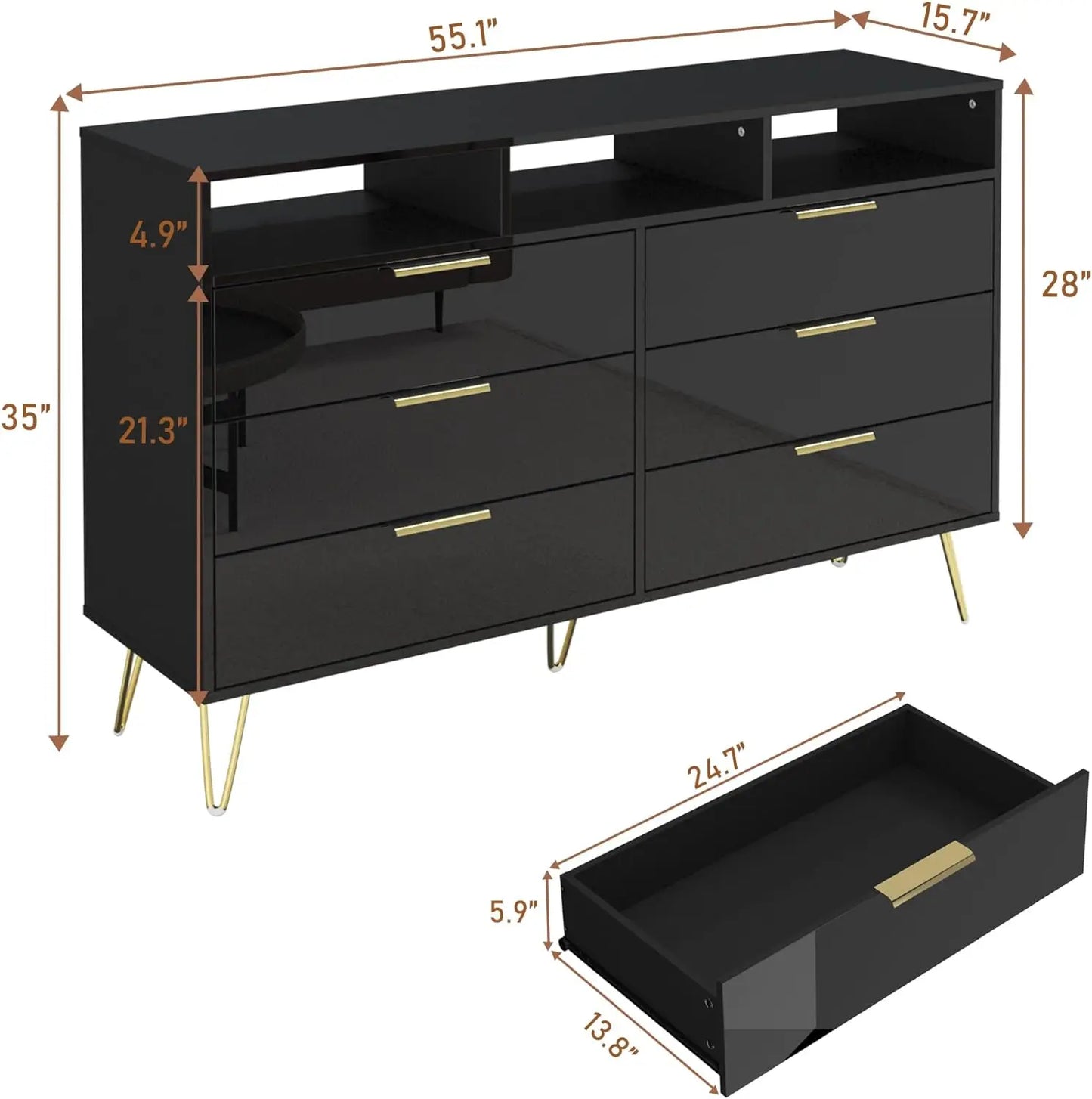 Black Dresser for Bedroom with LED Lights, 6 Drawer with Gold Legs, High Gloss Modern Wood & Chests of Drawers for Living Room