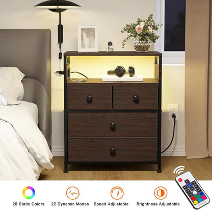 Nightstand with Charging Station, Bedside Table with 4 Drawers and 2-Tier Shelf, Modern End Table with Wooden Top for Be