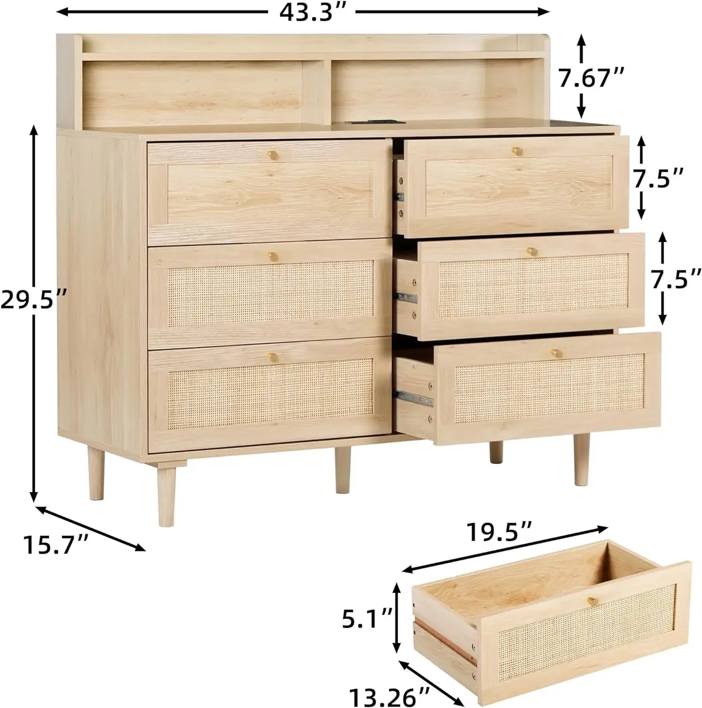 Rattan Dresser for Bedroom with Shelves, Modern Drawer Double Dresser with Charging Station, Wood Chest of Drawers for Bedroom