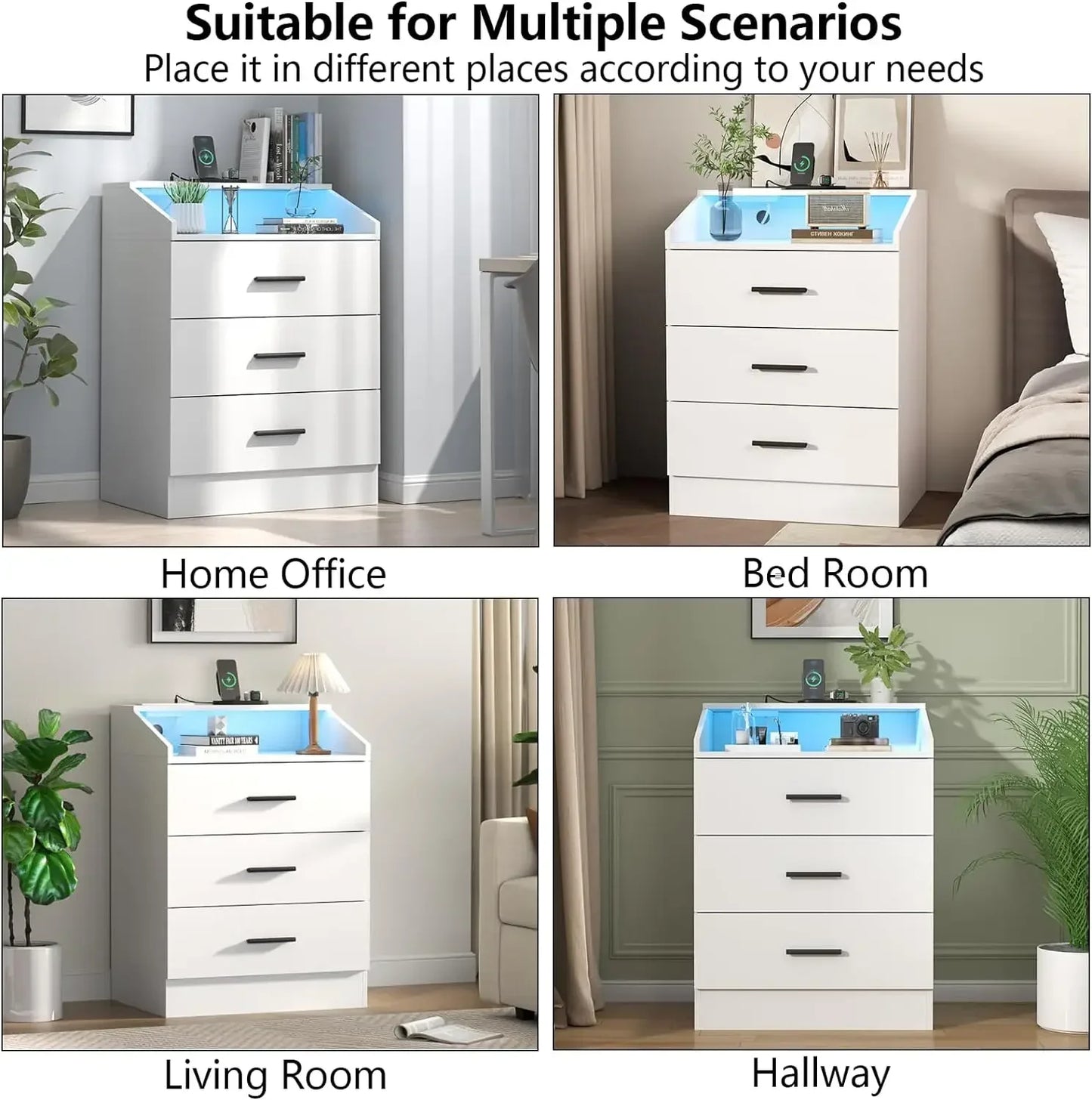 Dresser with Power Outlet, Chest of Drawers with LED Light, White Dresser Organizer with Open Storage Cubby, Modern Nightshatnd