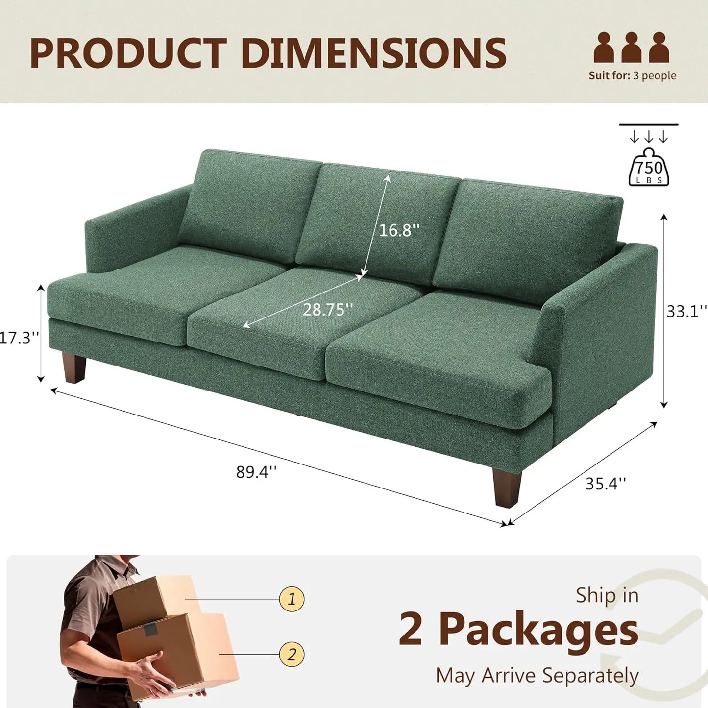 3 Seater Sofa Couch with Deep Seats, 89" Mid Century Modern Upholstered Sofa with Armrests, Comfy Couches