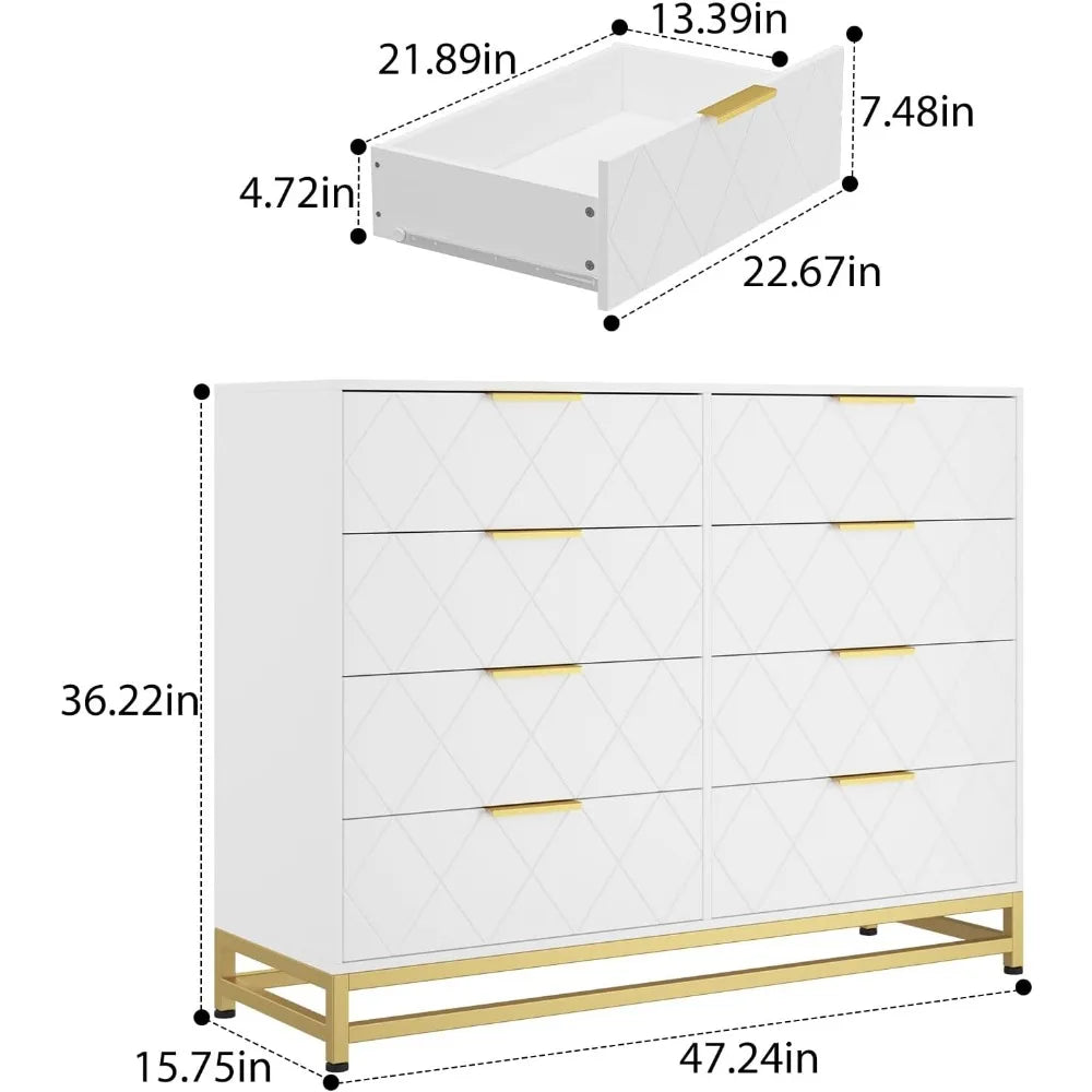 Commode pour chambre à coucher avec 8 tiroirs Coiffeuse Meuble TV Commodes Commode à tiroirs pour salon Couloir Entrée Blanc le