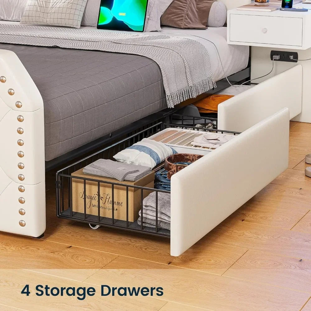 Queen Size 53” Tall Platform Bed Frame With 4 Storage Drawers Built in Charging Station & LED Bedroom White Headboards Under Bed