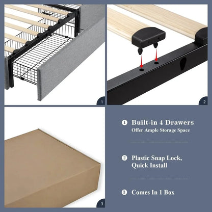 Cadre de lit plateforme queen size rembourré Allewie avec 4 tiroirs de rangement et tête de lit, boutons cousus carrés