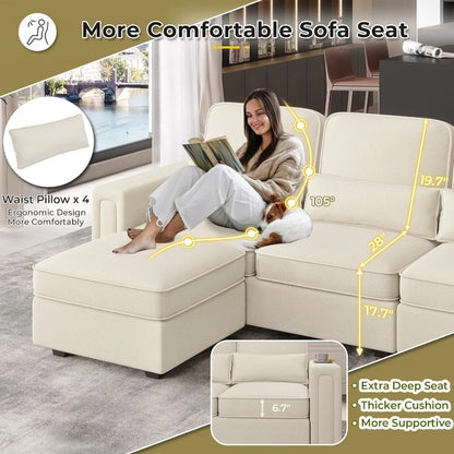 Living Room Sofa, 6 Seats U-Shaped Convertible Couch with Reversible Chaise, Modular Sofa with Pillows & Storage Ottoman, Beige