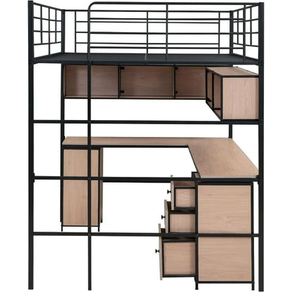 Cadre de lit mezzanine complet avec échelle intégrée pour petite pièce, armoire ouverte et tiroirs, lit mezzanine avec bibliothèque de rangement pour dortoir