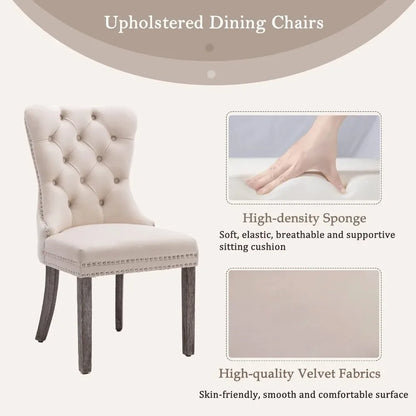 A set of 6 beige velvet dining chairs, soft cushioned plush chairs with nail heads and solid wood legs with loop edges