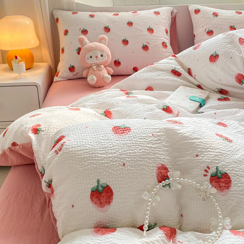 Juego de funda de edredón con diseño de fresas, sin relleno, sábanas planas y fundas de almohada, ropa de cama de verano suave para niñas y niños de tamaño doble coreano