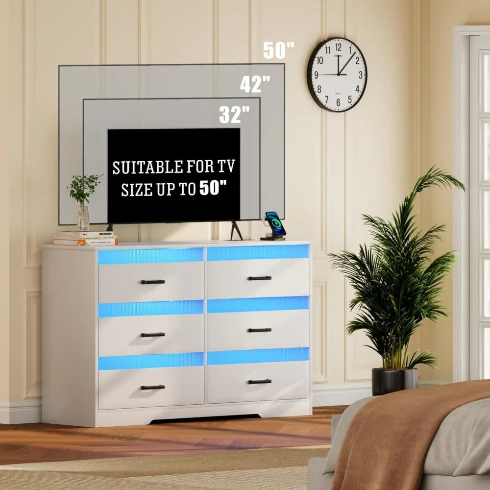 7 Drawers Dresser for Bedroom, Large Chest of Drawers with LED Light, Modern Dresser with USB & Type-c Charging Ports