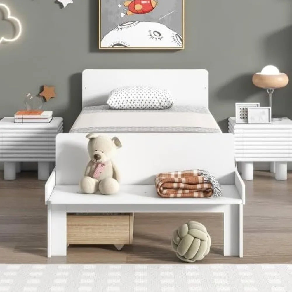 Twin Bed Frame with Storage and Footboard Bench, Twin Size Wooden Bed with Dual Drawers, Ideal for Children's and Teen's Bedroom