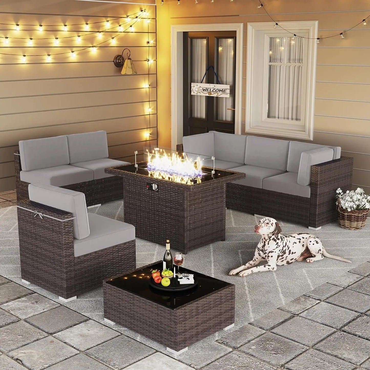 8 Piece Patio Furniture Set with 44" Propane Gas Fire Pit Table, Set Wicker Rattan Sofa Set and Coffee Table Rattan Möbel