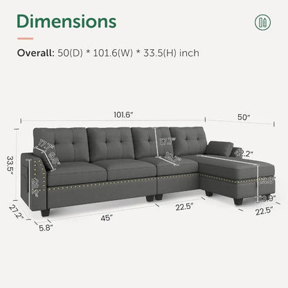 Sofa Living Room Sofas Reversible Sectional Sofa L-Shape Sofa Convertible Couch 4-Seater Sofas Sectional for Apartment Dark Grey