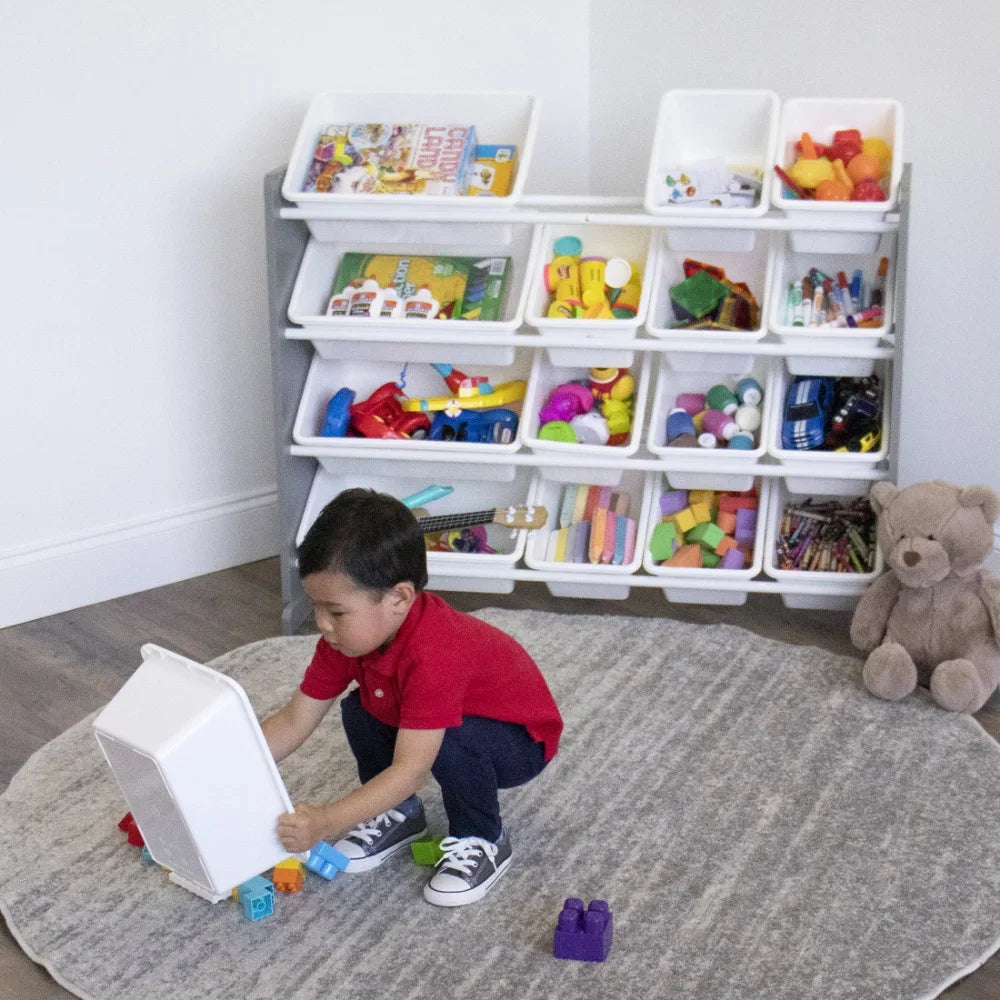 Kids Natural Wood Toy Storage Organizer With 16 White Plastic Storage Bins Plastic Organizing Boxes for Bedroom Free Shipping