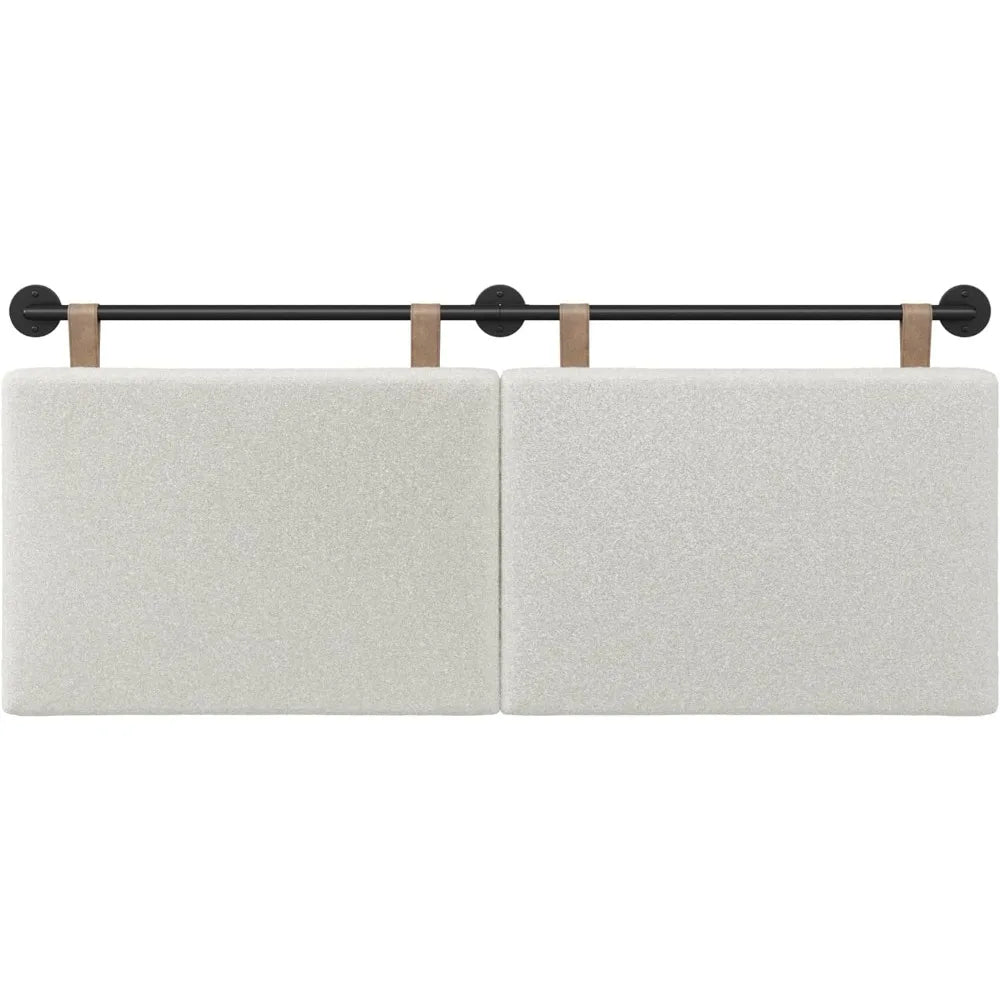 Queen Size Charlie Wall Mount Hanging Upholstered Headboard  White Boucle with Brown Faux Leather Straps Easy 30-minute Assembly