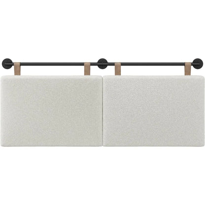 Queen Size Charlie Wall Mount Hanging Upholstered Headboard  White Boucle with Brown Faux Leather Straps Easy 30-minute Assembly