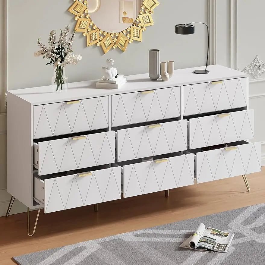 Drawer Dresser for Bedroom, Dressers & Chest of Drawers with Gold Handles, Large Modern Long Dressers Wooden Storage Organizer