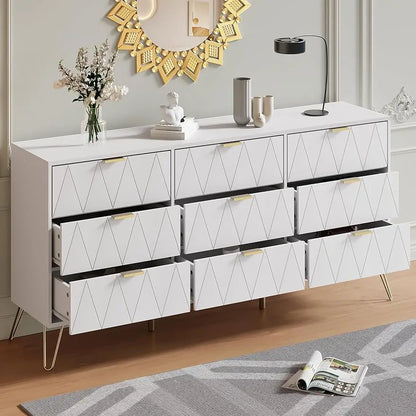 Drawer Dresser for Bedroom, Dressers & Chest of Drawers with Gold Handles, Large Modern Long Dressers Wooden Storage Organizer