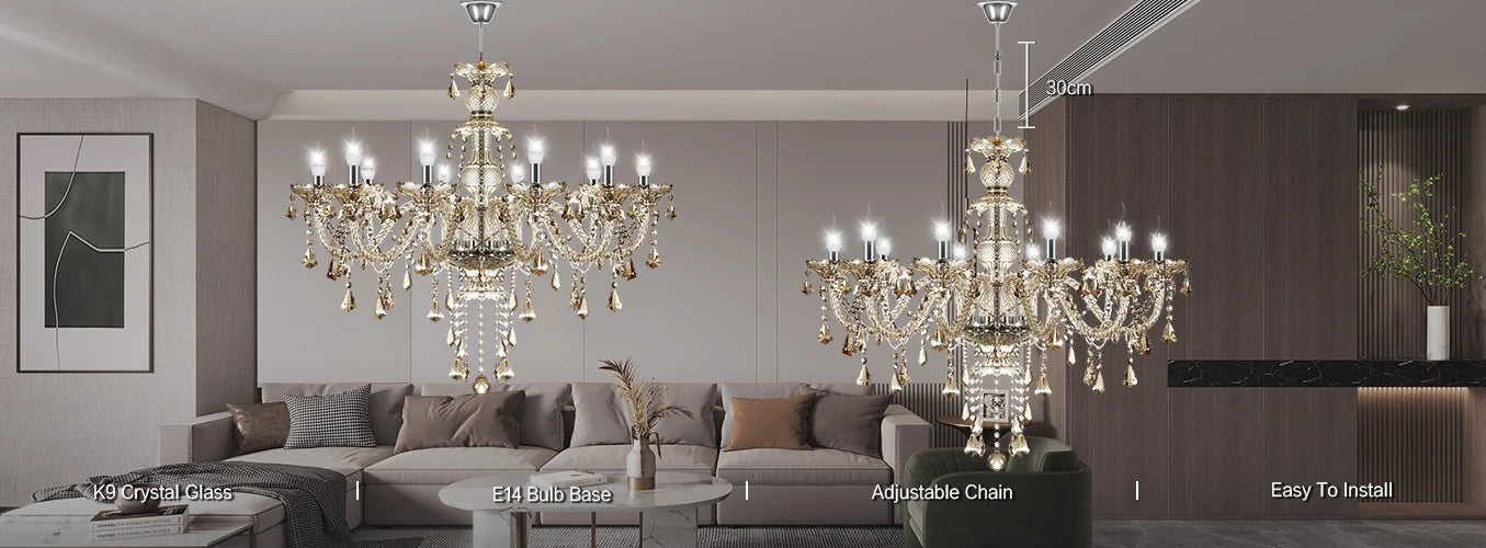 Elegant Glass Crystal Chandelier Ceiling Pendant Lighting Decor 10-Light Golden Hanging Lamp For Living Room Bedroom Room Lobby