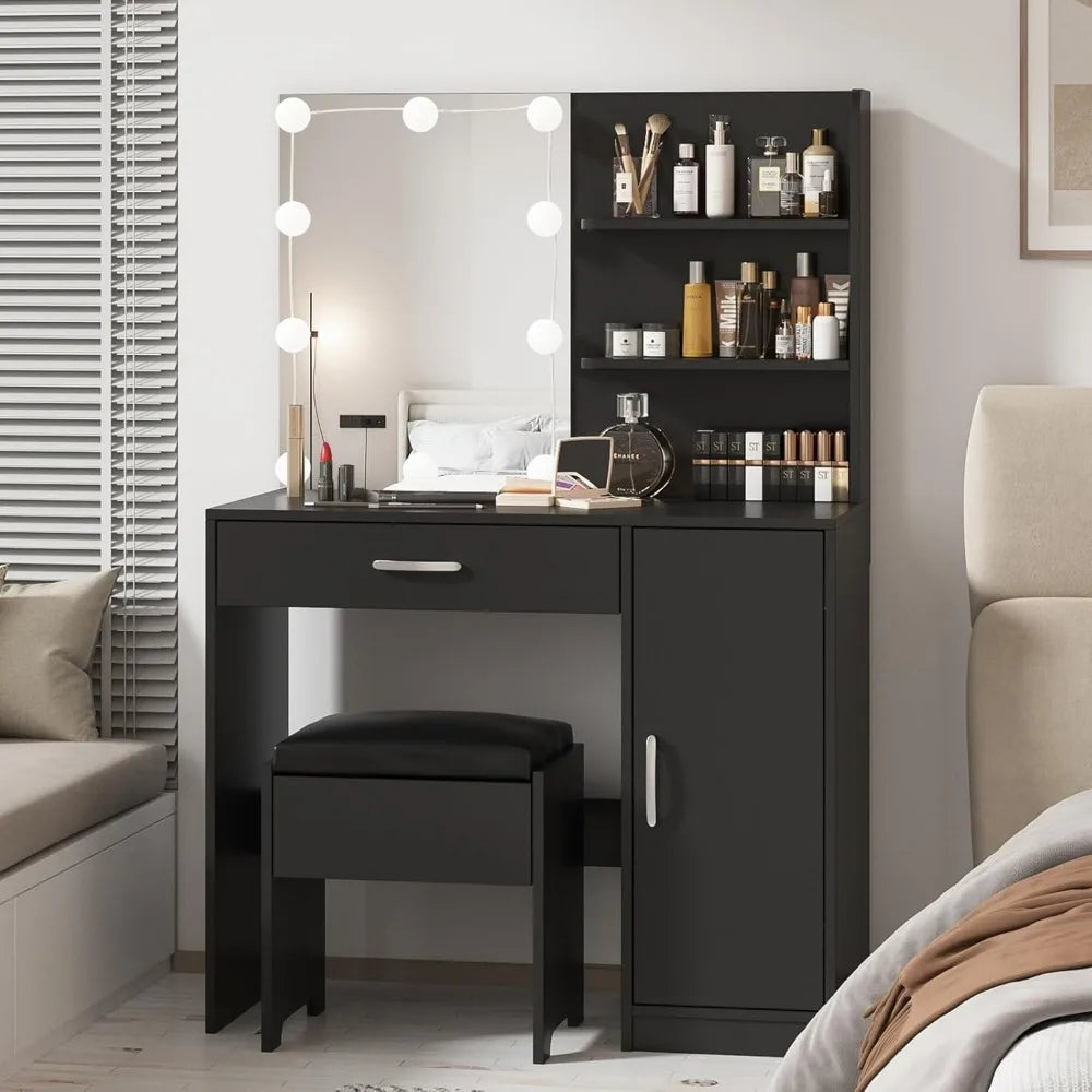 Tocador con espejo iluminado, cajón de escritorio y armario de almacenamiento, tocador con espejo para dormitorio y baño, color negro