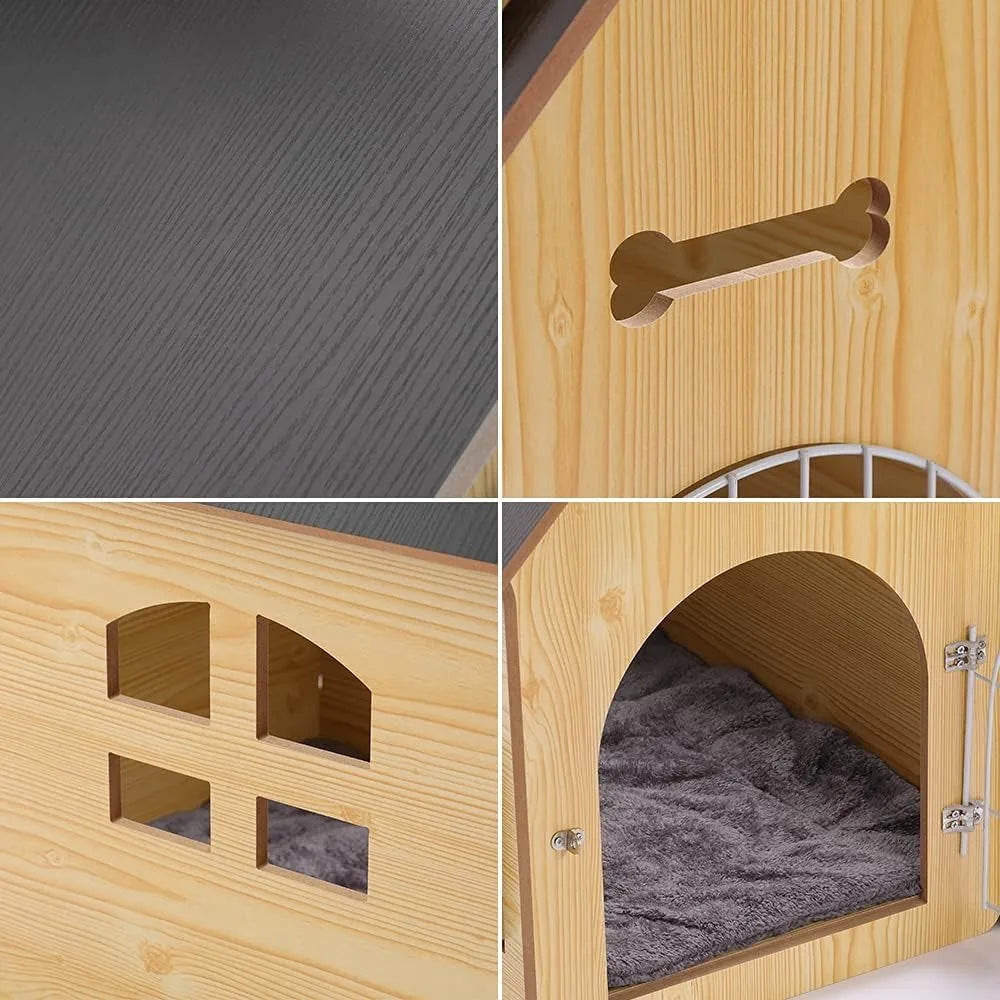 Casa de madera para mascotas con techo para perros, para uso en interiores y exteriores, fácil de montar, jaula transpirable para perros pequeños, medianos y gatos