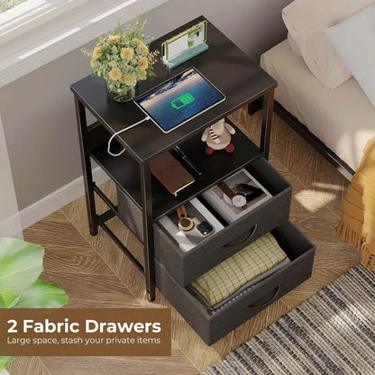 Nightstand with Charging Station, Bedside table with LED Lights, Night stand  Fabric Drawers, Storage End Table for Bedroom